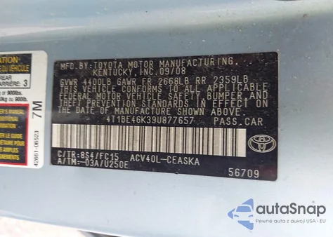 2009 Toyota Camry Se from USA, damaged, VIN 4T1BE46K39U877657